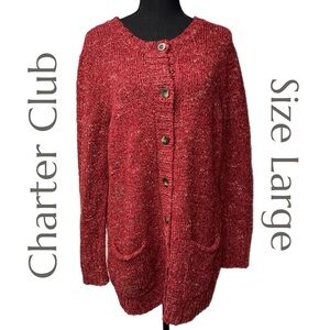Charter Club - Red Marled Button‑Front Cardigan Sweater - Pockets - Size Large